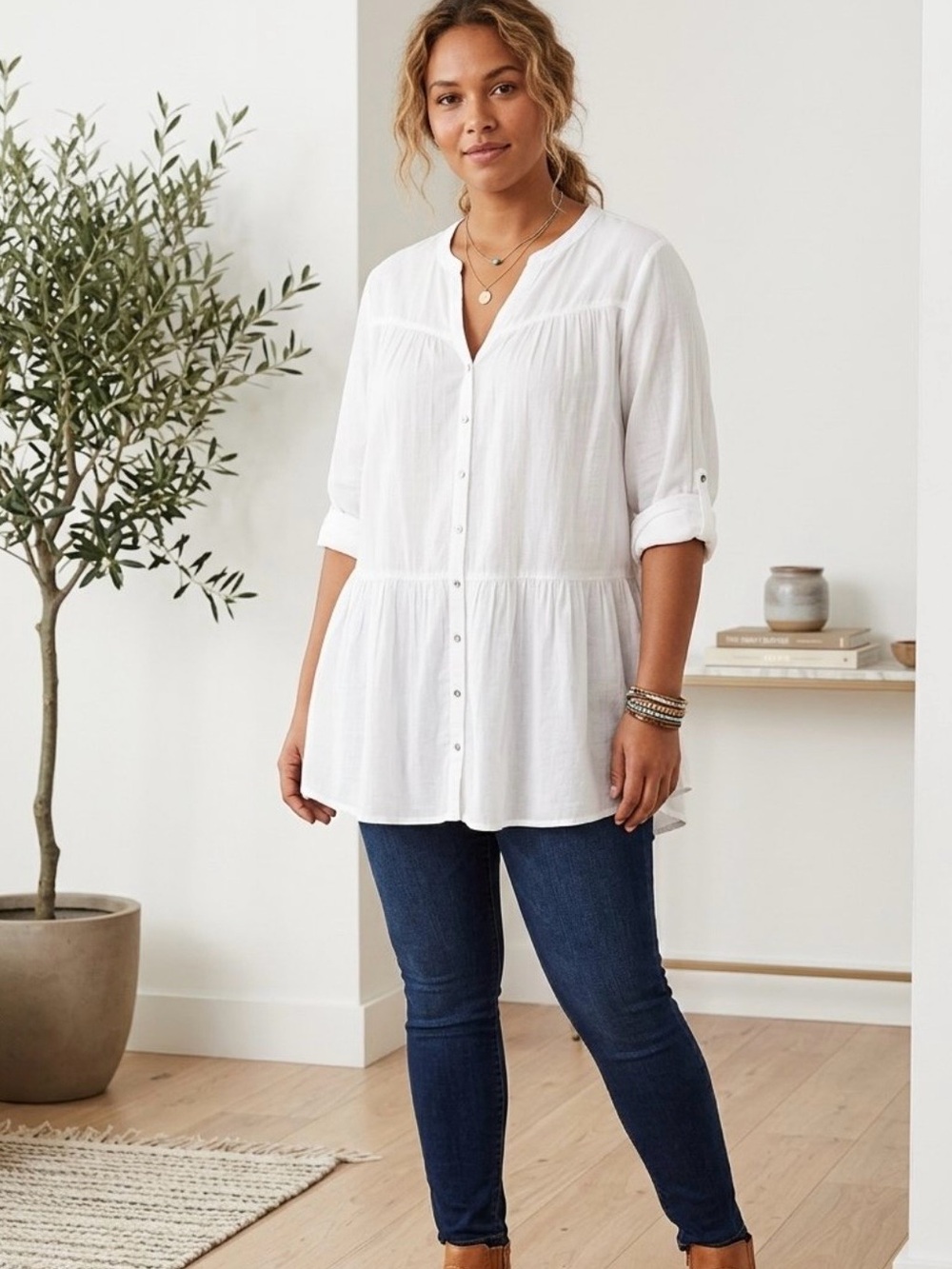 H&M White 100% Cotton Boho Tiered Tunic Blouse - Size 14 / XL